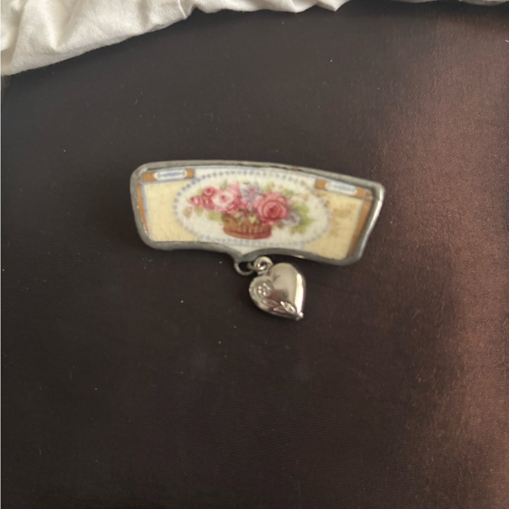 Vintage Floral Brooch with Heart Charm